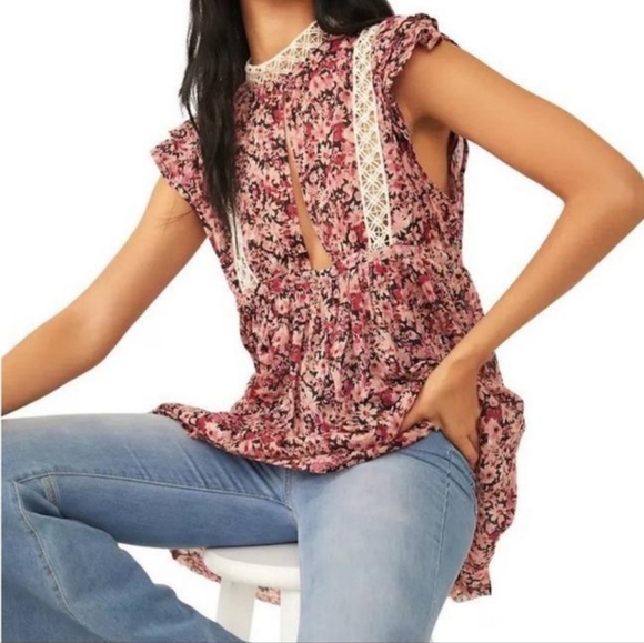Free People Tunic Eva Floral Crochet Babydoll Tunic Dress Cherry Pink Small NWT - Picture 4 of 11